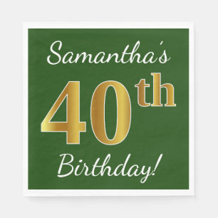 Serviette En Papier Vert, Faux Gold 40e anniversaire + Nom personnalis