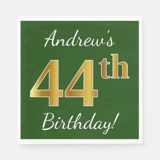 Serviette En Papier Vert, Faux Gold 44e anniversaire + Nom personnalis (Devant)