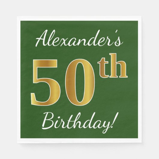 Serviette En Papier Vert, Faux Gold 50e anniversaire + Nom personnalis (Devant)