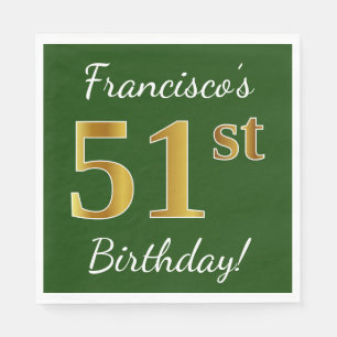 Serviette En Papier Vert, Faux Gold 51e anniversaire + Nom personnalis