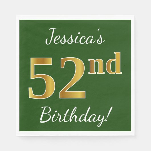 Serviette En Papier Vert, Faux Gold 52e anniversaire + Nom personnalis (Devant)
