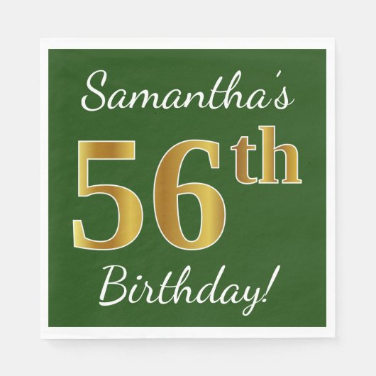 Serviette En Papier Vert, Faux Gold 56e anniversaire + Nom personnalis (Devant)