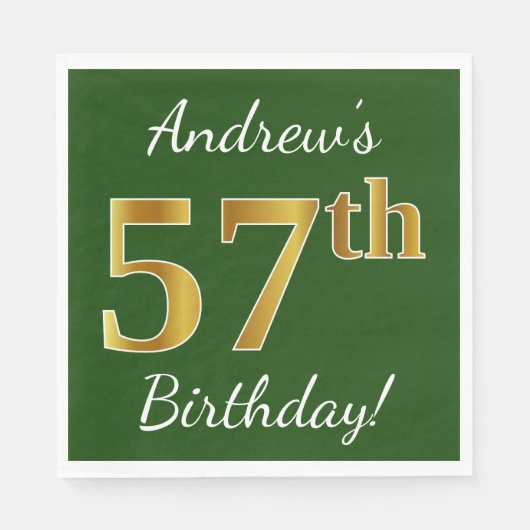 Serviette En Papier Vert, Faux Gold 57e anniversaire + Nom personnalis (Devant)