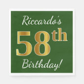 Serviette En Papier Vert, Faux Gold 58e anniversaire + Nom personnalis (Devant)