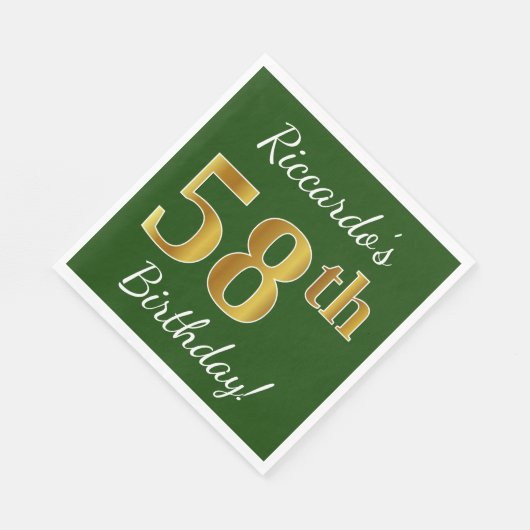 Serviette En Papier Vert, Faux Gold 58e anniversaire + Nom personnalis (Coin)
