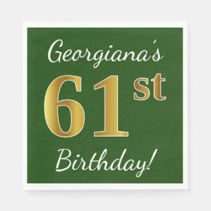 Serviette En Papier Vert, Faux Gold 61e anniversaire + Nom personnalis