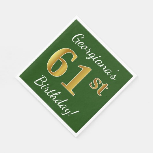 Serviette En Papier Vert, Faux Gold 61e anniversaire + Nom personnalis (Coin)