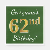 Serviette En Papier Vert, Faux Gold 62e anniversaire + Nom personnalis (Devant)