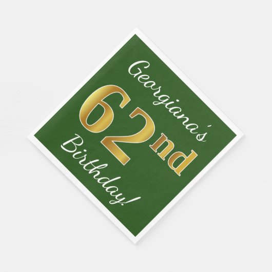 Serviette En Papier Vert, Faux Gold 62e anniversaire + Nom personnalis (Coin)