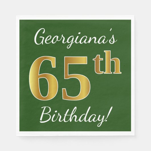 Serviette En Papier Vert, Faux Gold 65e anniversaire + Nom personnalis (Devant)