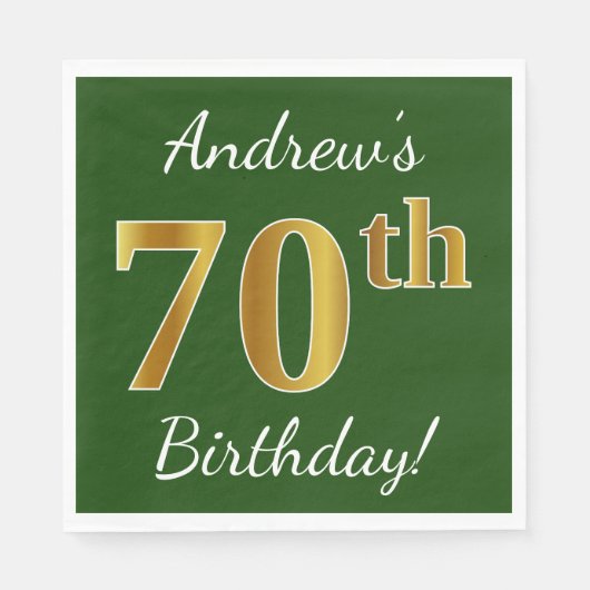 Serviette En Papier Vert, Faux Gold 70e anniversaire + Nom personnalis (Devant)