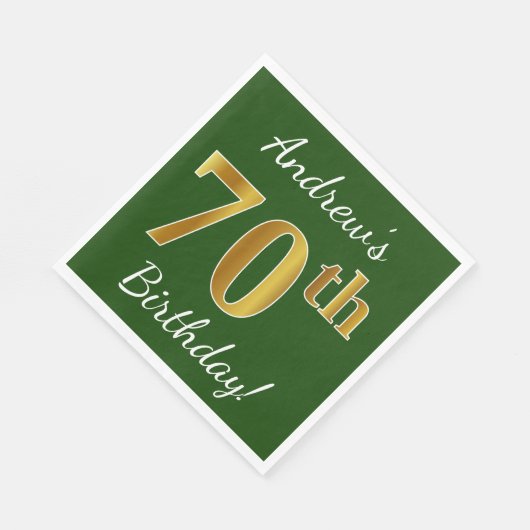 Serviette En Papier Vert, Faux Gold 70e anniversaire + Nom personnalis (Coin)