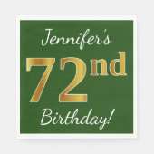Serviette En Papier Vert, Faux Gold 72e anniversaire + Nom personnalis (Devant)