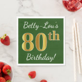 Serviette En Papier Vert, Faux Gold 80e anniversaire + Nom personnalis (En situation)