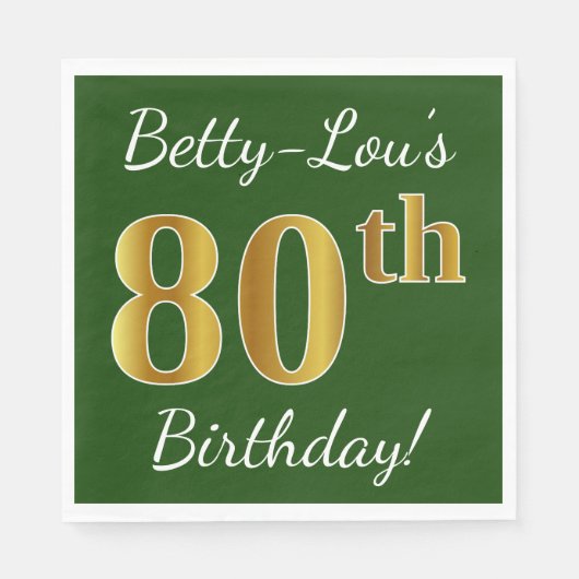 Serviette En Papier Vert, Faux Gold 80e anniversaire + Nom personnalis (Devant)