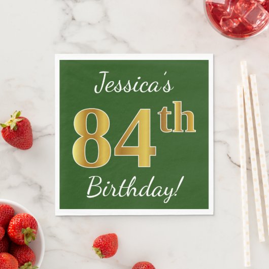 Serviette En Papier Vert, Faux Gold 84e anniversaire + Nom personnalis (En situation)
