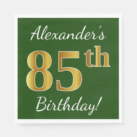 Serviette En Papier Vert, Faux Gold 85e anniversaire + Nom personnalis (Devant)