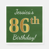 Serviette En Papier Vert, Faux Gold 86e anniversaire + Nom personnalis (Devant)