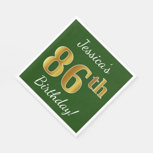 Serviette En Papier Vert, Faux Gold 86e anniversaire + Nom personnalis (Coin)