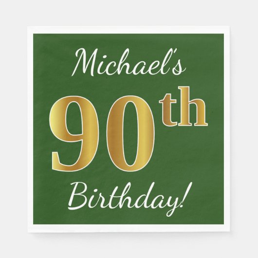 Serviette En Papier Vert, Faux Gold 90e anniversaire + Nom personnalis (Devant)