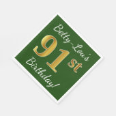 Serviette En Papier Vert, Faux Gold 91ème anniversaire + Nom personnal (Coin)