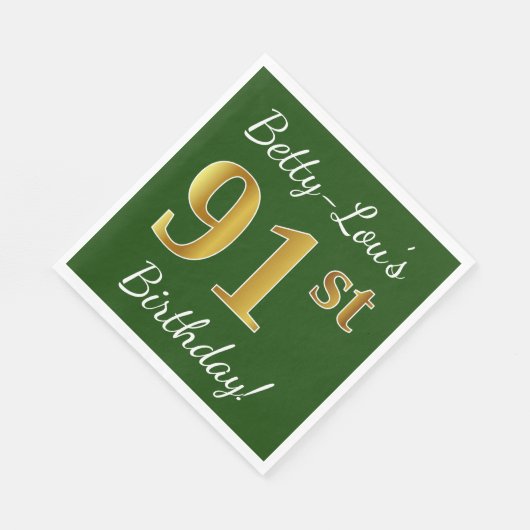 Serviette En Papier Vert, Faux Gold 91ème anniversaire + Nom personnal (Coin)
