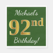 Serviette En Papier Vert, Faux Gold 92e anniversaire + Nom personnalis (Devant)