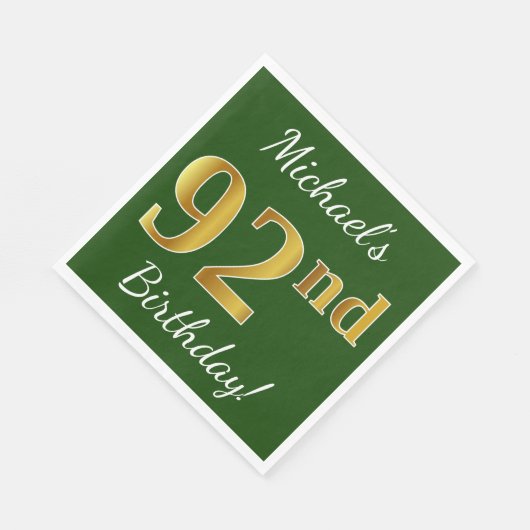 Serviette En Papier Vert, Faux Gold 92e anniversaire + Nom personnalis (Coin)