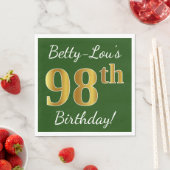 Serviette En Papier Vert, Faux Gold 98e anniversaire + Nom personnalis (En situation)