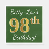 Serviette En Papier Vert, Faux Gold 98e anniversaire + Nom personnalis (Devant)