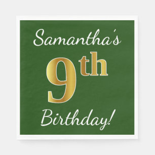 Serviette En Papier Vert, Faux Gold 9e anniversaire + Nom personnalisé