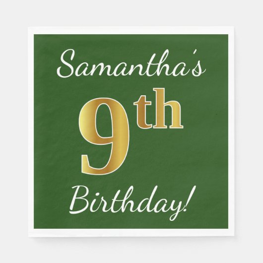 Serviette En Papier Vert, Faux Gold 9e anniversaire + Nom personnalisé (Devant)