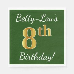 Serviette En Papier Vert, Faux Or 8ème anniversaire + Nom personnalisé