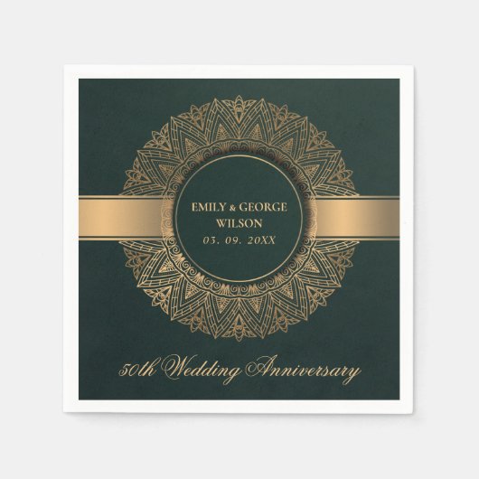 SERVIETTE EN PAPIER VERT FAUX OR MANDALA TOUTE ANNÉE 50E ANNIVERSAIRE (Devant)