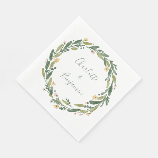 Serviette En Papier Vert Floral Aquarelle Verdure Mariage personnalisé (Coin)