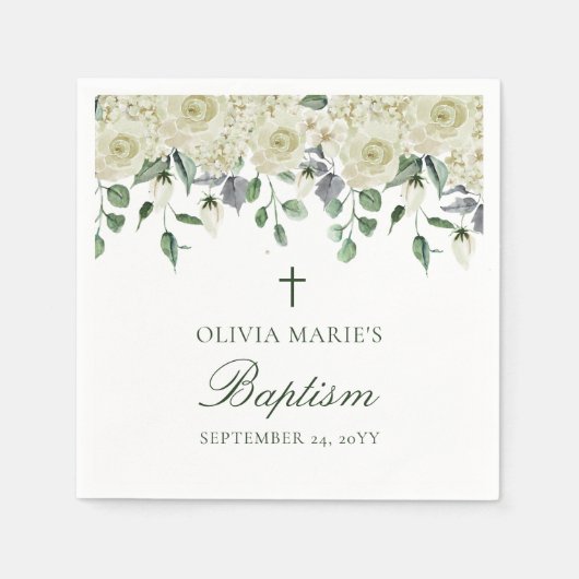 Serviette En Papier Vert Floral Blanc Simple Baptême Moderne (Devant)