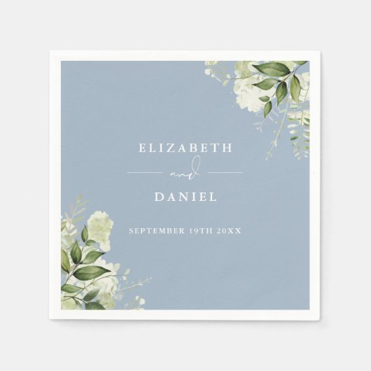 Serviette En Papier Vert Floral Élégant Dusty Blue Mariage (Devant)