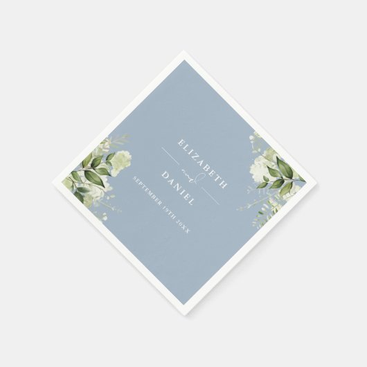 Serviette En Papier Vert Floral Élégant Dusty Blue Mariage (Coin)