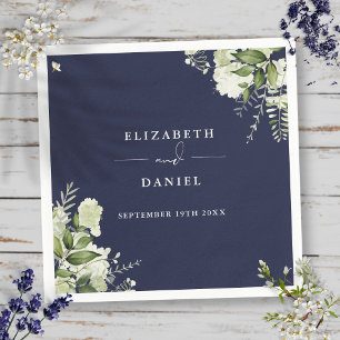 Serviette En Papier Vert Floral Élégant Mariage bleu marine