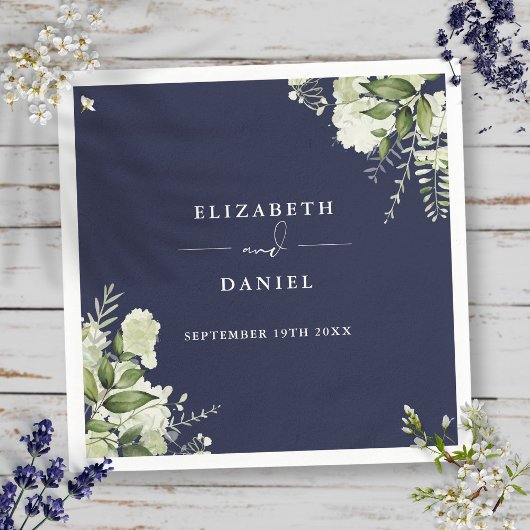 Serviette En Papier Vert Floral Élégant Mariage bleu marine