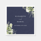 Serviette En Papier Vert Floral Élégant Mariage bleu marine (Devant)
