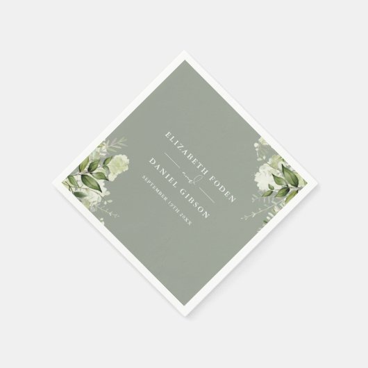 Serviette En Papier Vert Floral Élégant Noms Date Sage Vert (Coin)