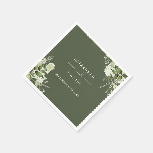 Serviette En Papier Vert Floral Élégant Olive Vert Mariage (Coin)
