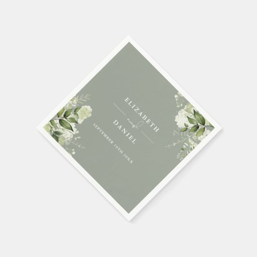 Serviette En Papier Vert Floral Élégant Sage Vert Mariage (Coin)
