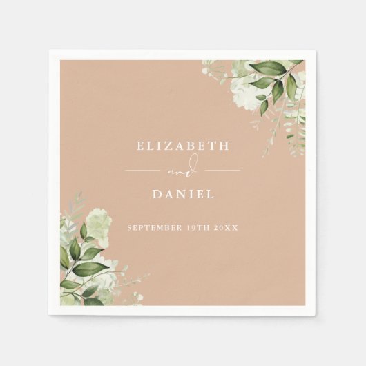 Serviette En Papier Vert Floral Élégant Tan Mariage (Devant)
