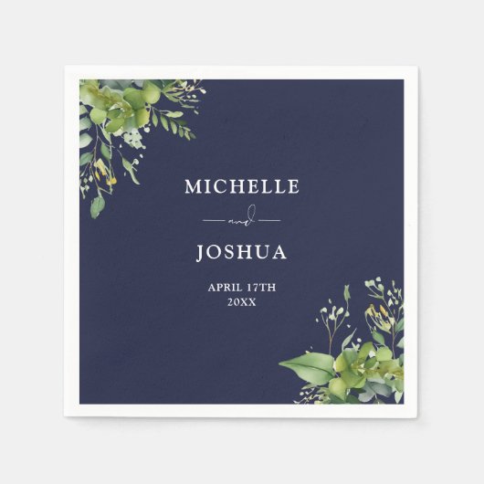 Serviette En Papier Vert Floral Moderne Marine Mariage bleu (Devant)