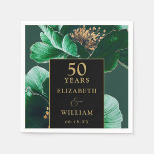 Serviette En Papier Vert Floral Noir Et Or Chic 50e Anniversaire