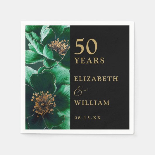 Serviette En Papier Vert Floral Noir Et Or Chic 50e Anniversaire (Devant)