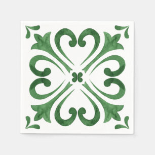 Serviette En Papier Vert forêt et floral marocain aquarelle blanc