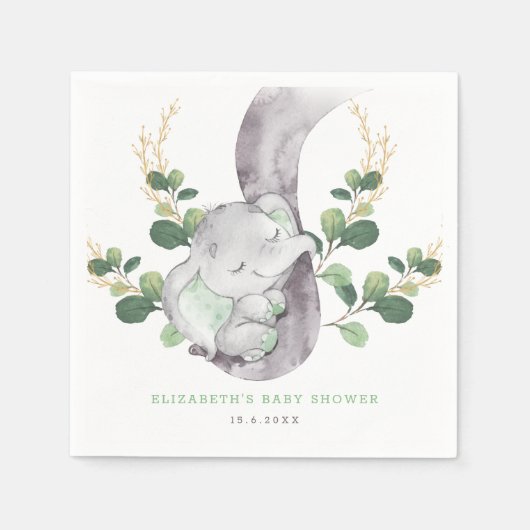 Serviette En Papier Vert moderne Baby Elephant Green Gold Garden (Devant)